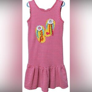 Girls Size 4 Dress Pink Polka Dot with Embroidered Flip Flops Vintage Youngland
